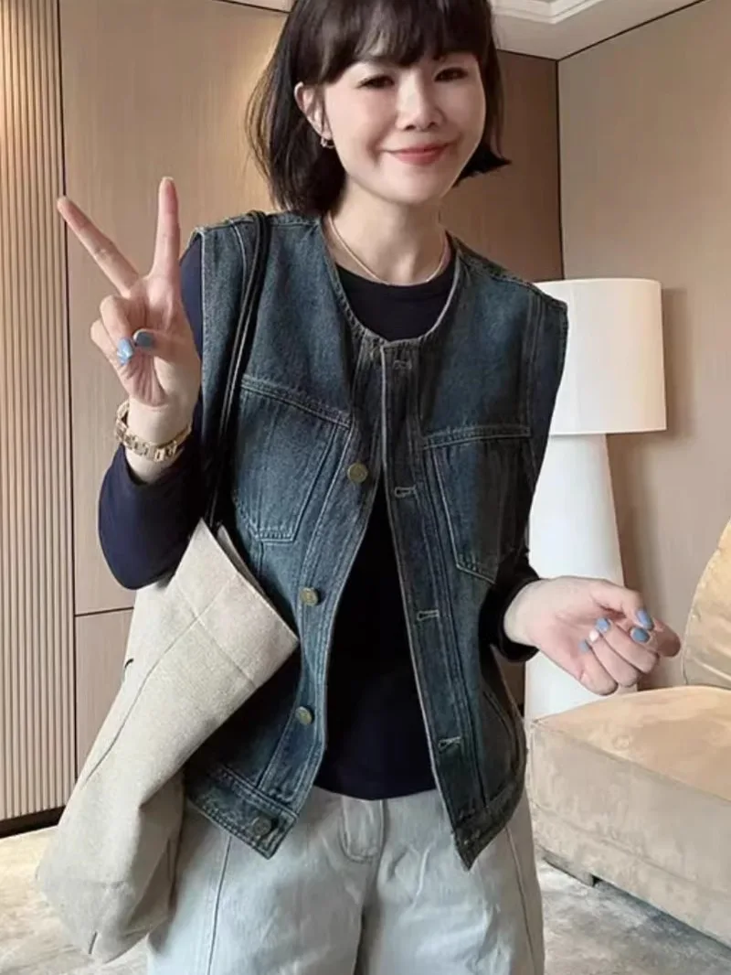 

Sli Retro Denim Vest Women's Outerwear Svel oulder Pad Jaet Spring Summer New Arrival Faionable Cact Size