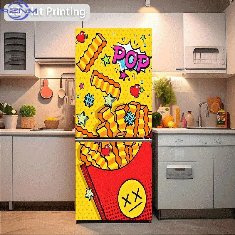 Printing Refrigerator Sticker 60x180cm Pop Art Style French Fries Illustration Themed Scene Wall Decal Self-Adhesive Wallpaper