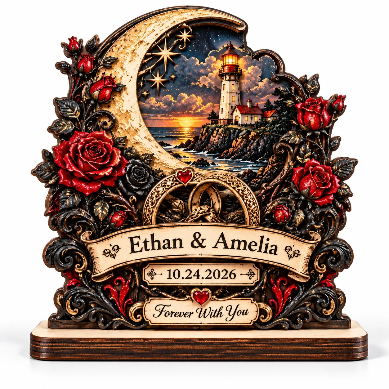 1Pc Custom Gothic Rose Wooden Ornament Personalized Couple Name Date Double Layer Desk Plaque Anniversary Gift