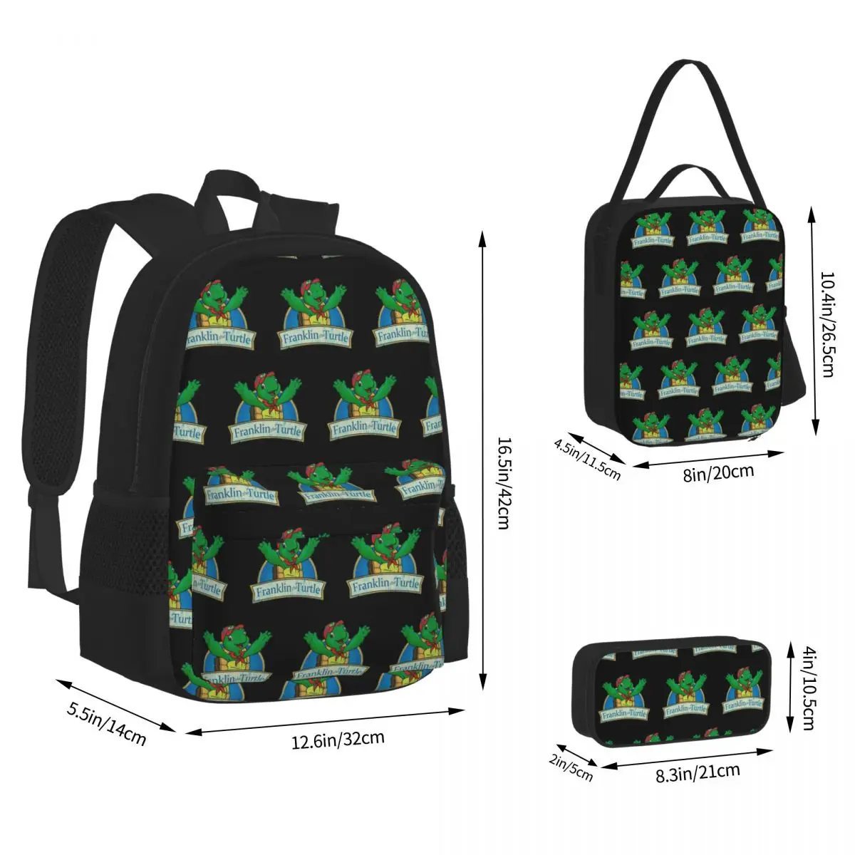 Vintage Franklin The Turtle Backpacks Boys Girls Bookbag Students School Bags Kids Rucksack Lunch Bag Pen Bag Three-Piece Set