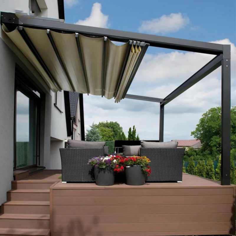 Waterproof Motorized Retractable Awning LED Light Strips Outdoor Aluminum Frame Wall Mounted Freestanding Sunshade Canopy