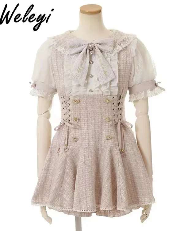 Vestido japonês de camisa doce e shorts, Lolita, Mina Gitl, Produção em massa, Laço, Manga comprida, Vestidos de coração de amor, 2 pcs terno