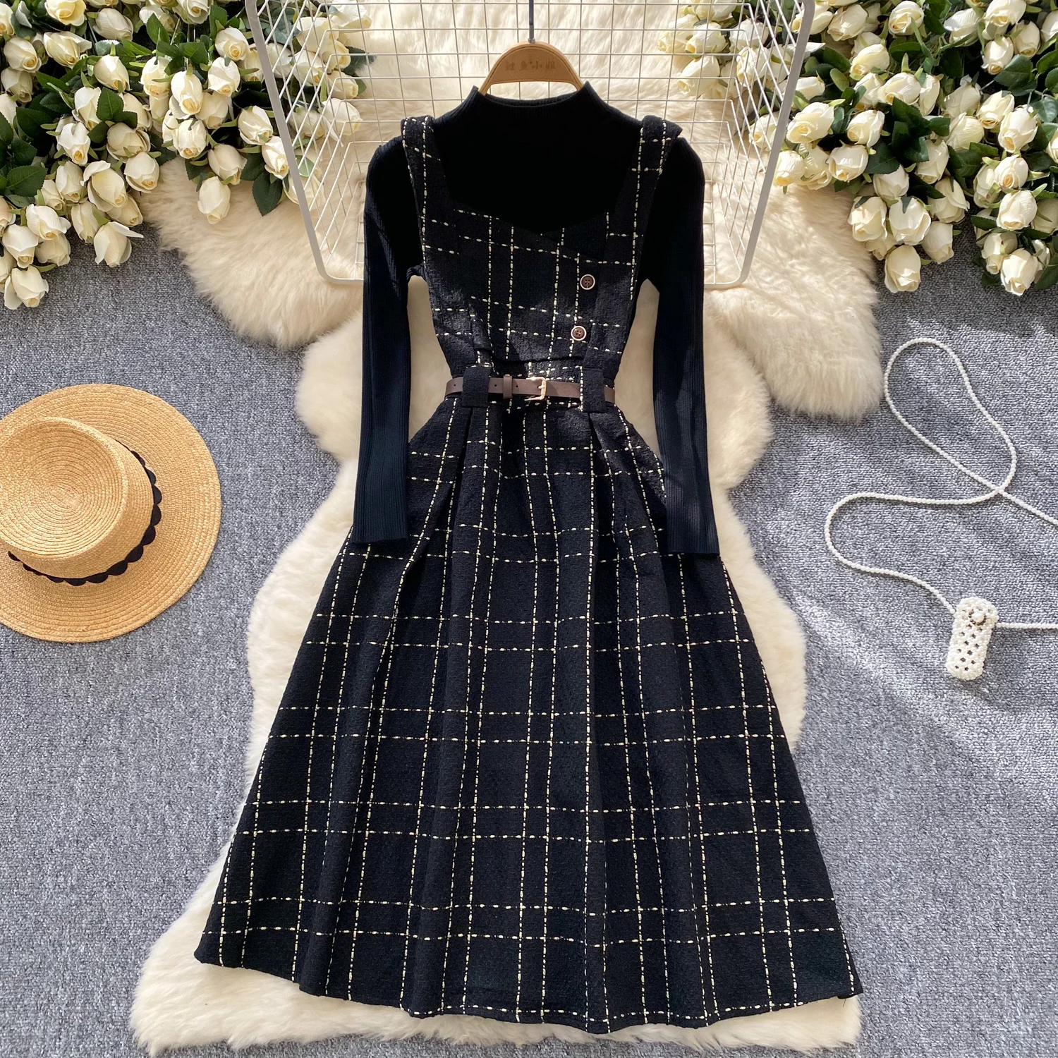 

Шикарный винтажный вязаный пояс с длинными рукавами и пуговицами, тонкий корейский модный сарафан в стиле бохо, женская одежда, платье, комплект из двух предметов