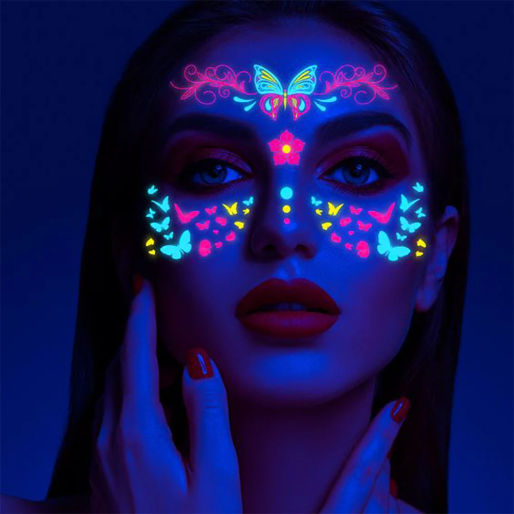 1/4/8Pcs Waterproof Temporary Fluorescent Face Stickers 15x14cm Halloween Neon Face Decal Music Festival Party Face Slider