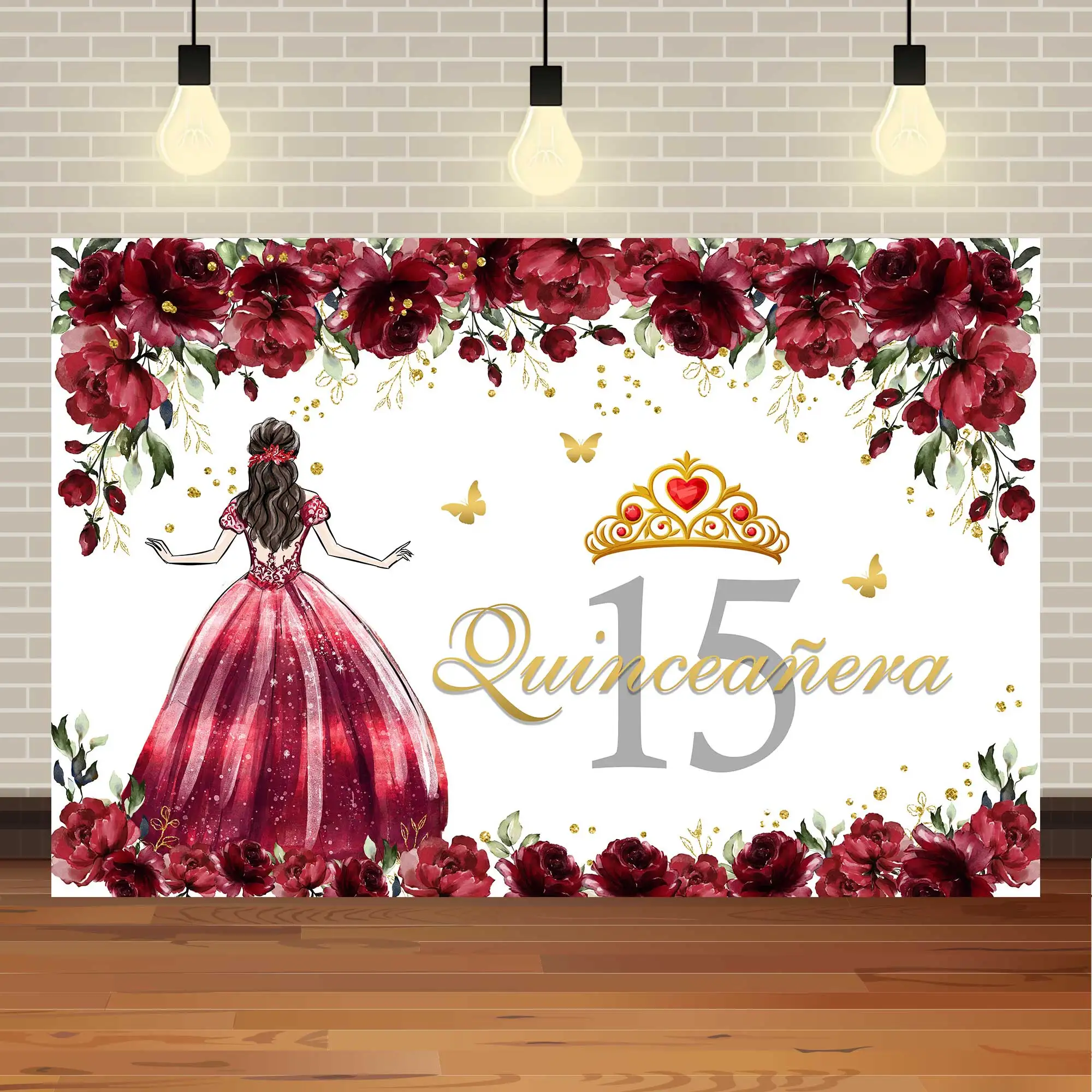 NeoBack Quinceanera Sweet 15th Princess Birthday Party Photographic Backdrops Girl Dress Glitter Crown Floral Photo Background