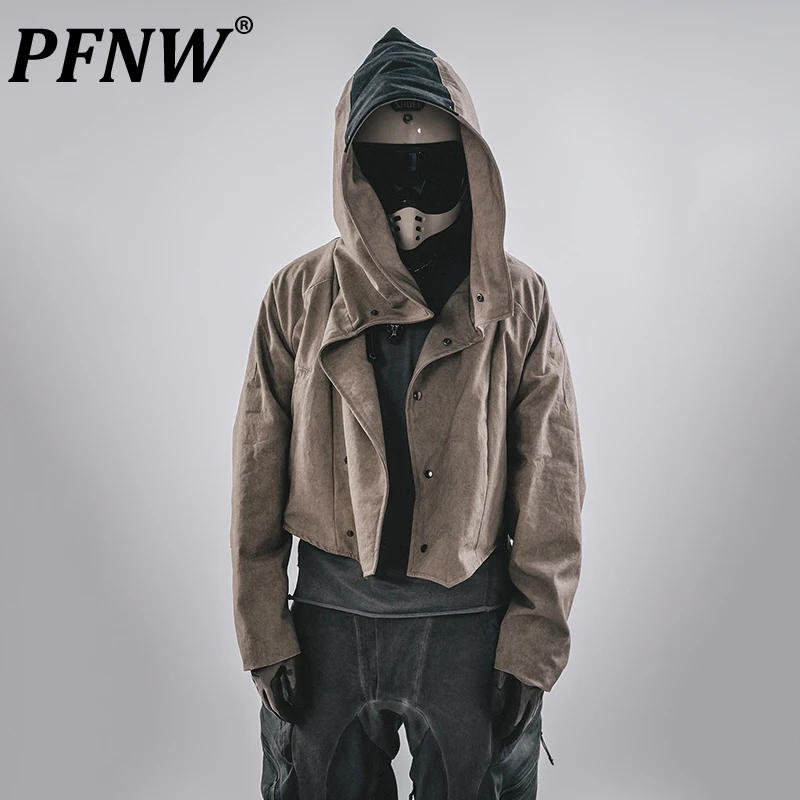 PFNW High Quality Hooded Irregular Deconstructed Patchwork Metallic Embellished Short Silhouette Jacket Men's Short Coat 12C2260