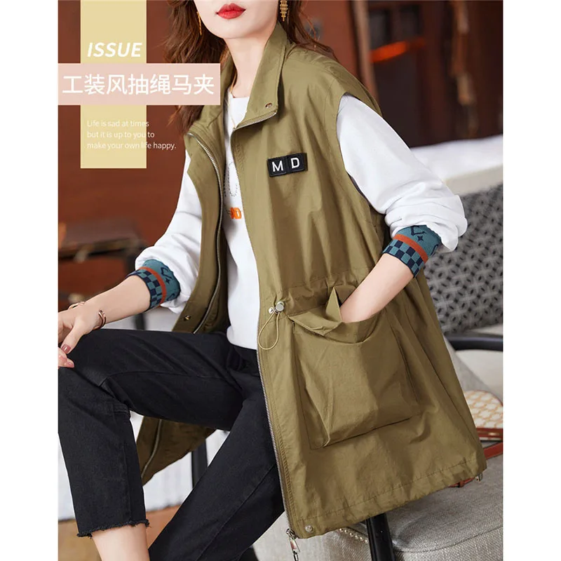 

Plus Size New Women's Clothes Wind Rope Vest Coat 2025 Spring Autumn Female Loose Ladies Fat Thin Jacket Waistcoat New Overwear