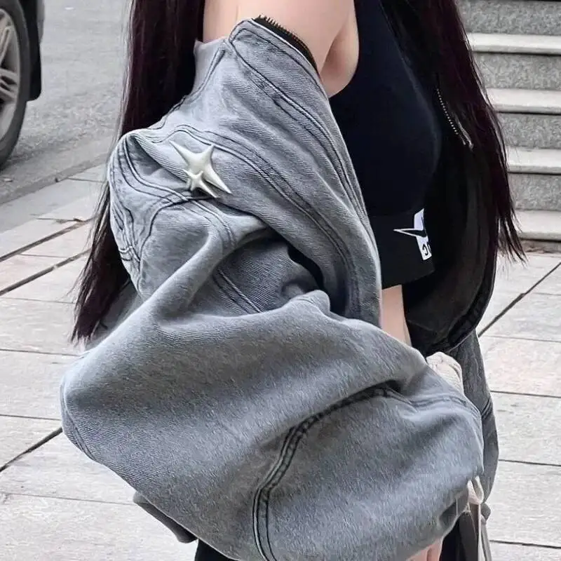 

New Grey Women Denim Cross Crop Oversize Zip Jackets Coat Hippie Streetwear 90S Haruku Women's Clothing