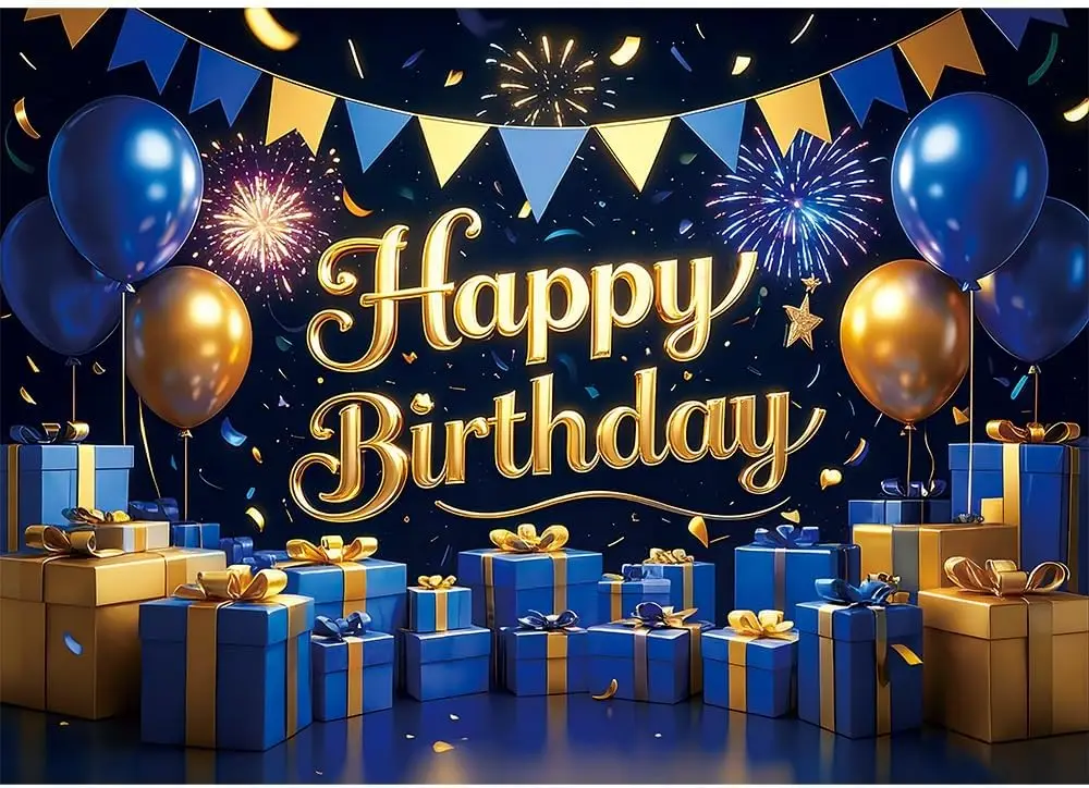 Blue Gold Happy Birthday Backdrop Banner Gift Boxes Photography Background for Men Women Birthday Party Decorations Photo Booth