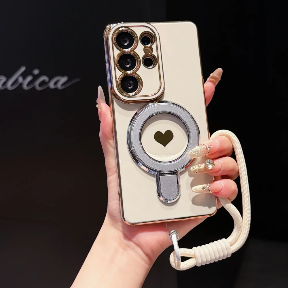 6D Plating Love Metallhalterung Hülle für Samsung Galaxy S26 S25 S22 S21 Ultra Plus S25 S24 S23 S21 S20 FE mit Handgelenkschlaufe