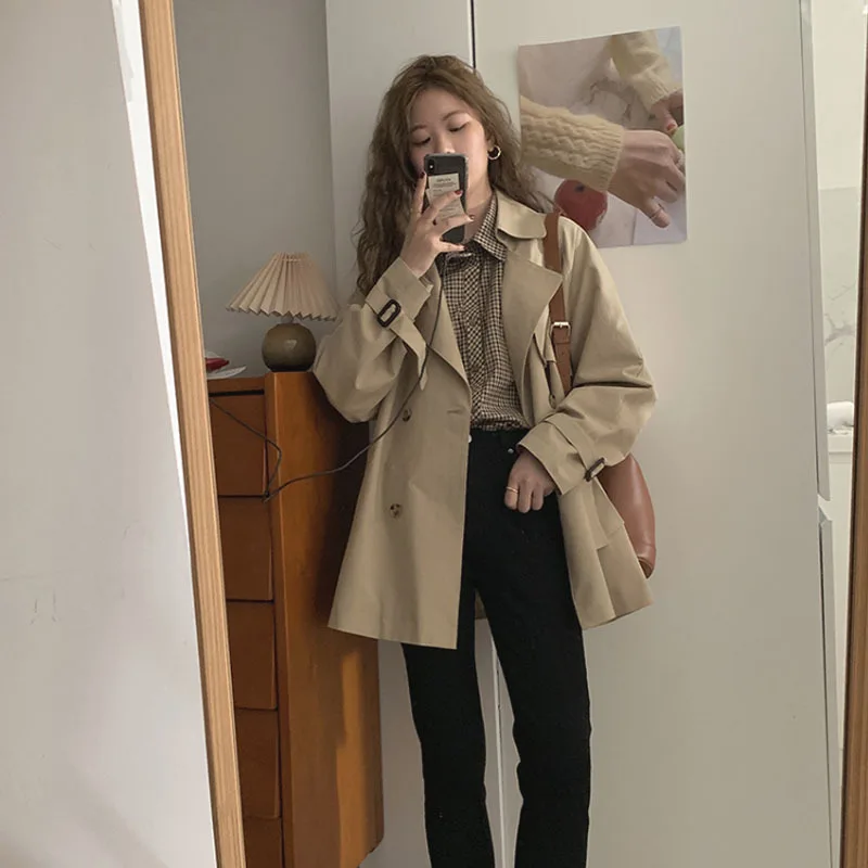 Gabardina corta de estilo coreano para mujer, abrigos elegantes, Tops de manga larga informales, moda Popular, Invierno