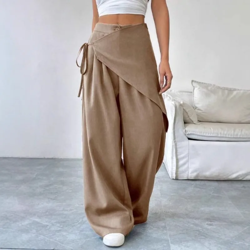 Immagine 3: Pantaloni Eleganti Irregolari da Donna, Vita Alta, Gamba Larga, Nuova Moda, Tinta Unita, Casual