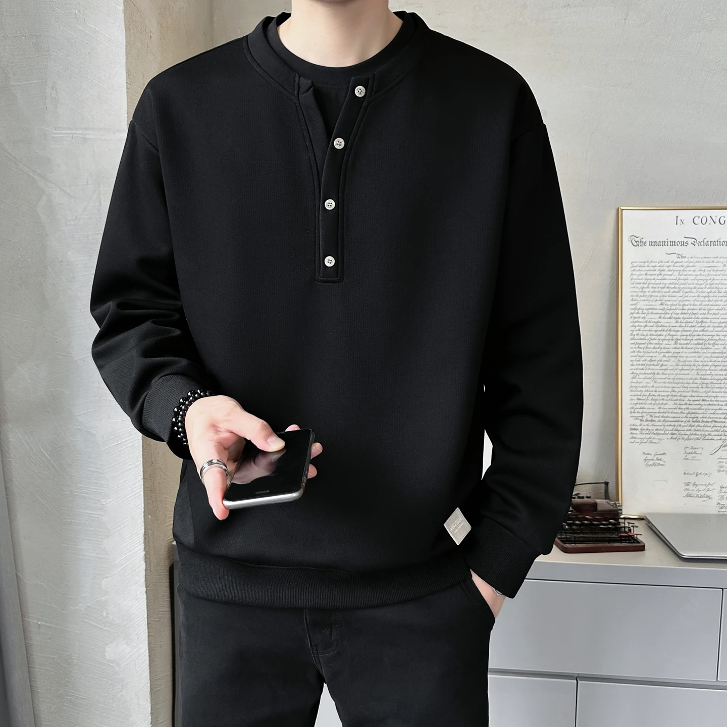 

2025 New Men's Long Sve Hoodie Faionable Casual Korean Sle Button up Top for Spring Autumn Cotton Polyester Blend