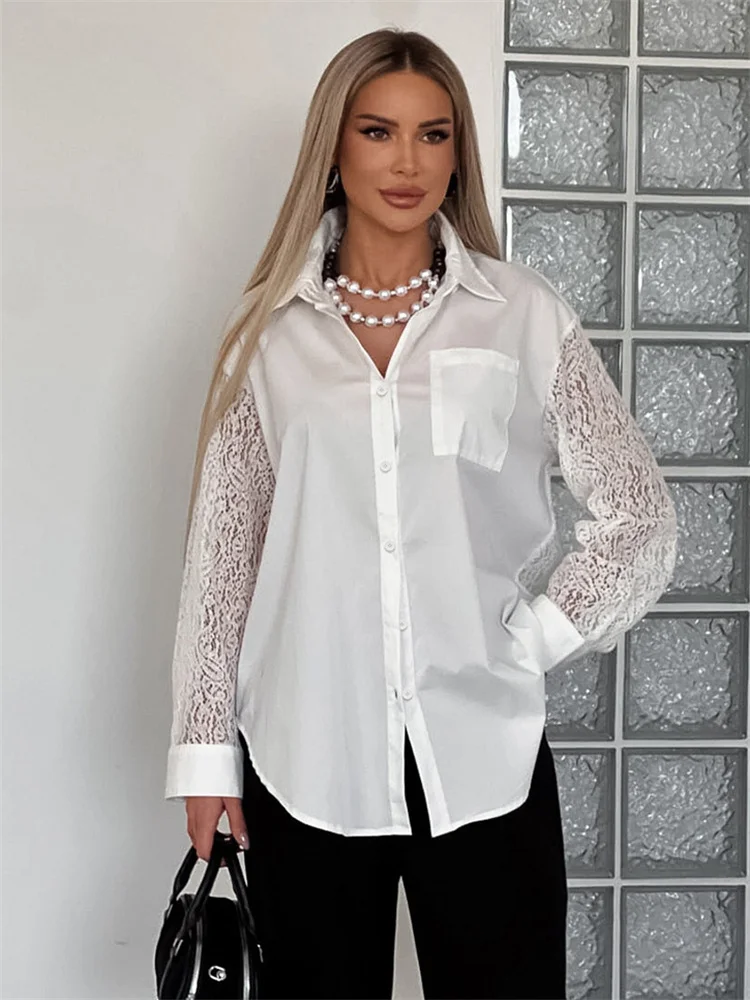 

Tossy Lace Printed Hollow Out Shirts Cardigan Women's See-Through Lapel Elegant Commute Summer Shirt Female Backless Blouse Top