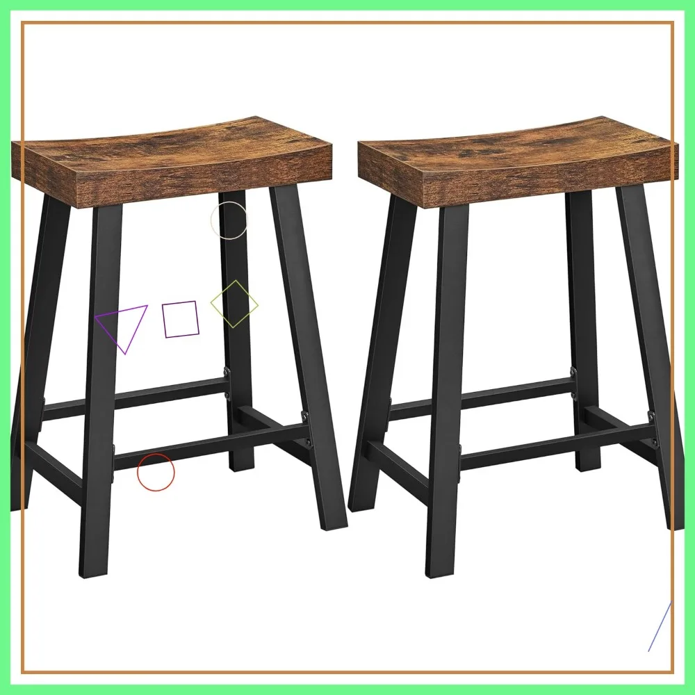 Set of 2 Industrial Bar Stools with Footrest, 23.6 Inches High, Rustic Brown and Black for Kitchen and Living Room