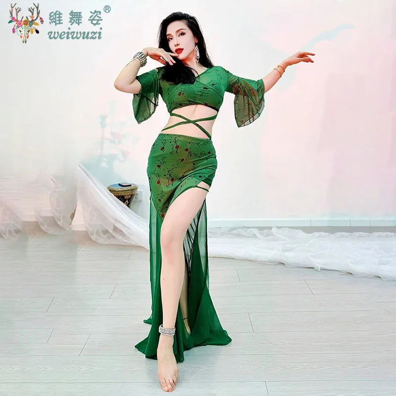 زي الرقص الشرقي، مجموعة تنورة ذيل السمكة مزينة بالورد العتيق مع أكمام بوق شبكية، ملابس ممارسة الرقص الشرقي الشرقي