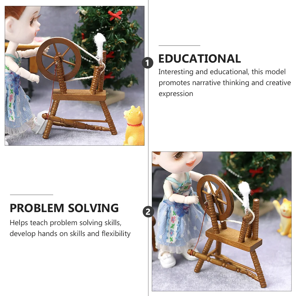 Tiny House Vintage Spinning Wheel Textile Making Car Model Kids Toy Small Playhouse Furniture Child Brown Mini