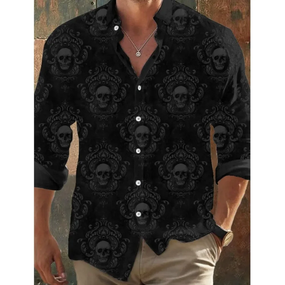 قمصان رجالية جديدة كلاسيكية داكنة ثلاثية الأبعاد مطبوعة بأكمام طويلة-طبعات جمجمة سوداء بقصة عادية، ياقة طية صدر السترة، ملابس شارع من مزيج البوليستر