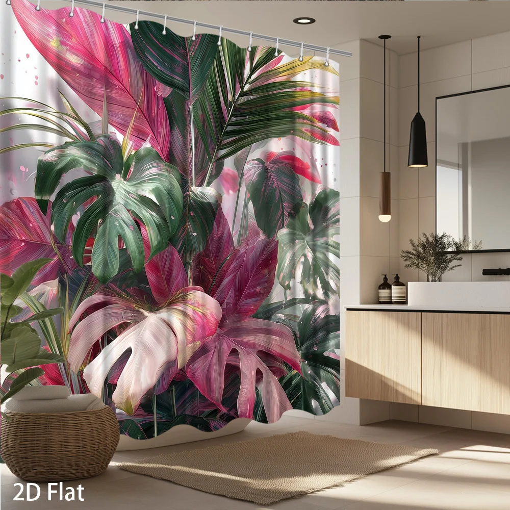 

1PC Tropical Plant Shower Curtain – Monstera & Palm Leaves, Pink-Green Foliage, 2D Print, Machine Washable w/Hooks