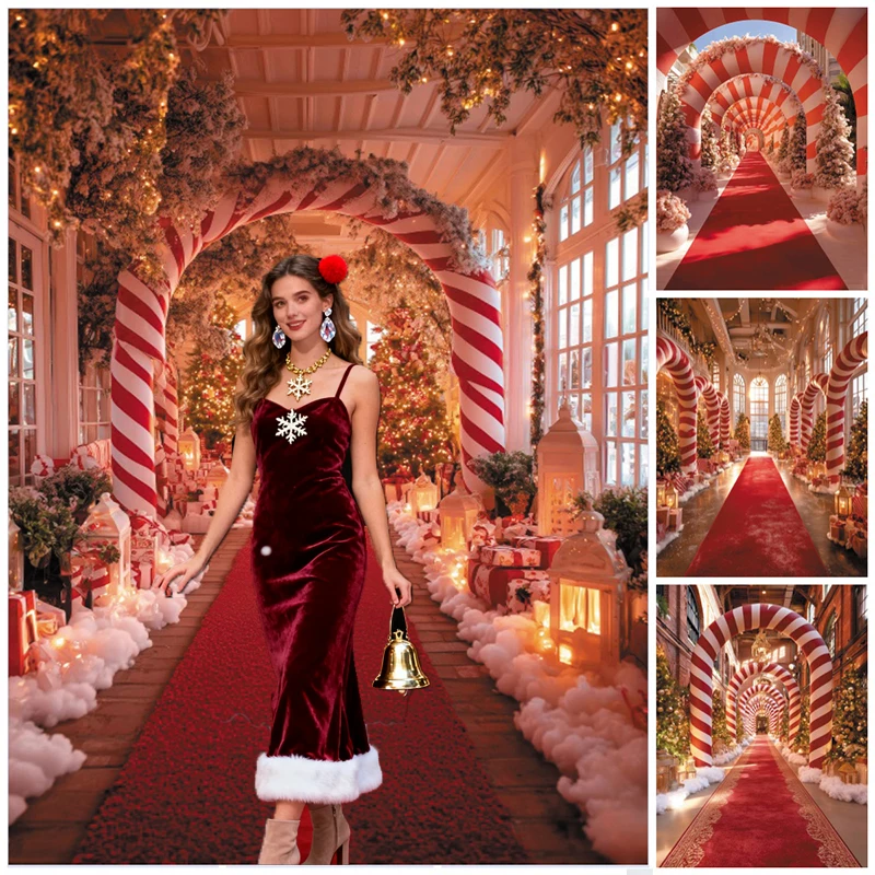 Christmas Decoration Photography Backdrop Candy Cane Arch Red Carpet Xmas Tree Lantern Holiday Celebration Portrait Backgrounds