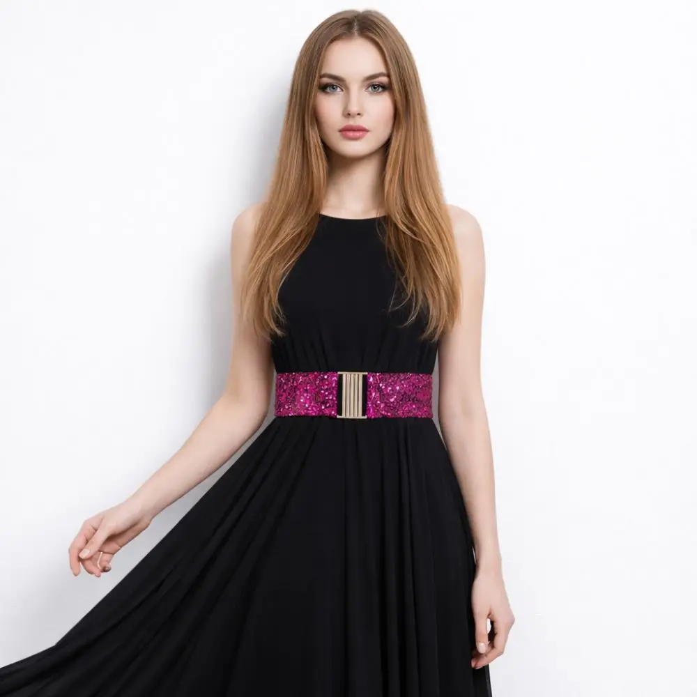 60cm Elastic Sequin Stretch Belt Gold Buckle Disc Eye Catching Shinny Waistband Versatile Professional Women's Belt Dresses