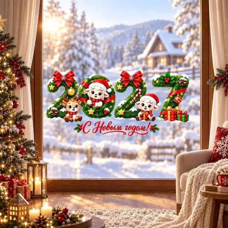 2027 New Russian New Year Window Stickers Cartoon Elk Sheep Static Glass Decals Holiday Home Decor