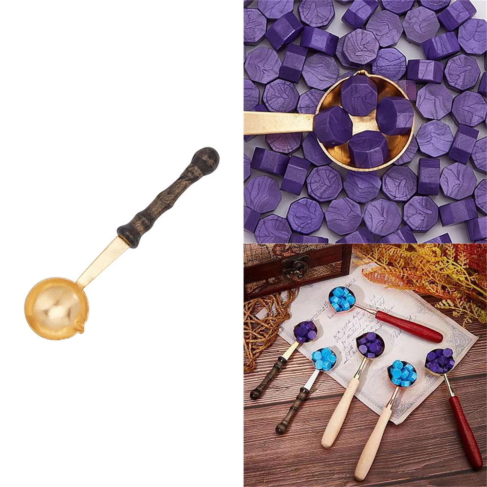 1Pc Vintage Brass Wax Sticks Melting Spoon with Wood Handle 97X25X17.5Mm for Diy Wedding Invitations Envelope Gift Card Supplies