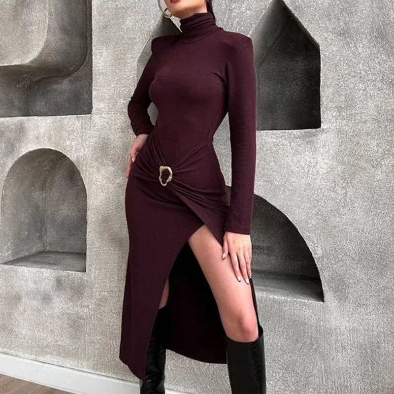 

Talenza Fall High Neck Dress Women's Sexy High Slit Slim Pleated Long Dress Retro Long Sleeve High Street Party Evening Dress