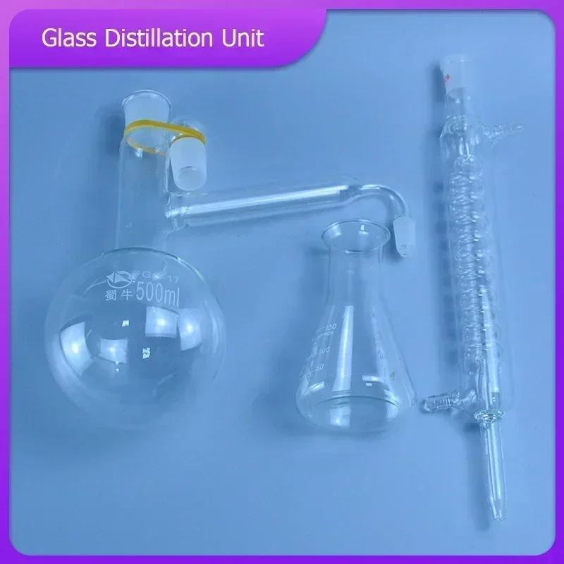 Glass Distillation Unit with Ground Joints Distilling Apparatus Flask Condenser Set