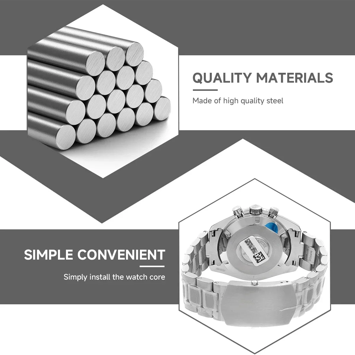 40 มม.VK63 เงินนาฬิกาสีดําเงินแทรกเคลือบแก้วสําหรับVK63 ควอตซ์Chronograph Movementสร้อยข้อมือเหล็กยึด