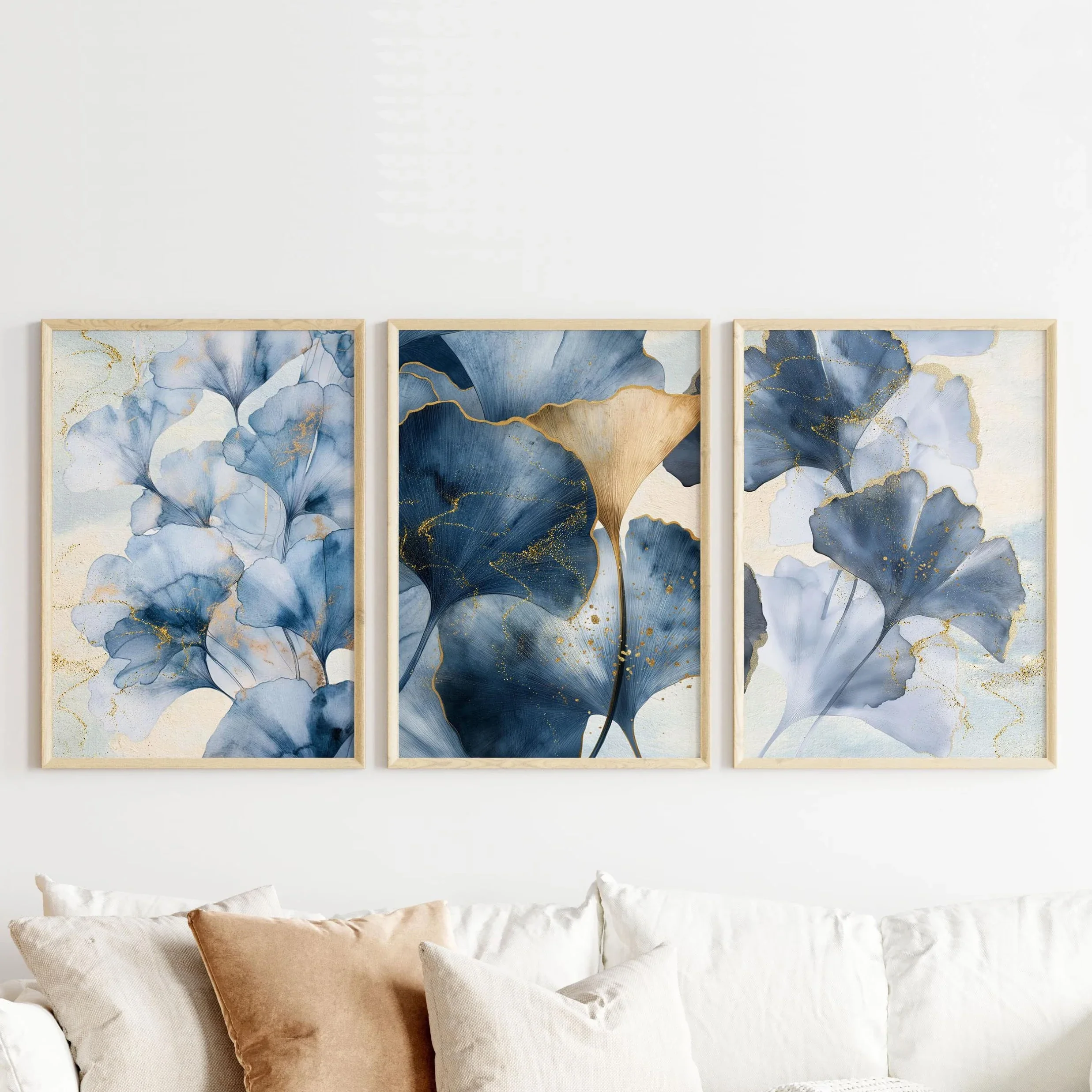 Multi-size 3PCS frameless high-definition decorative paintings,Set Of 3 Blue Ginkgo Leaf Gold Foil Canvas Wall Art Watercolor Bo