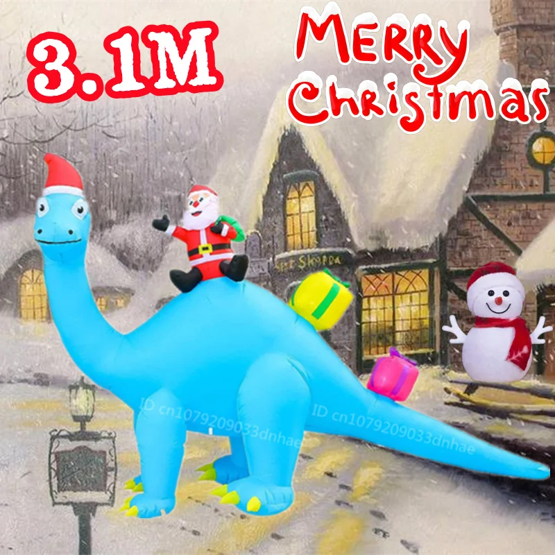 3.1M Long Christmas Inflatable Blue dinosaur carrying Santa Claus with Gift LED Lights Outdoor Courtyard Holiday Decorative Prop
