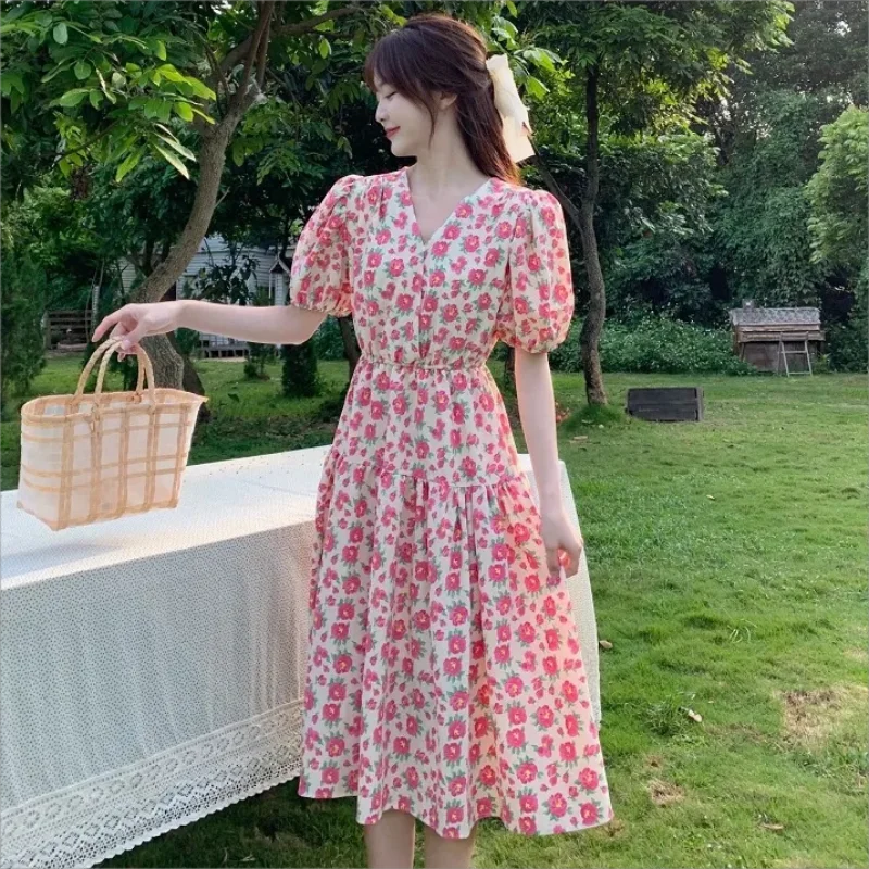 

french floral Summer V-neck Slim Waist Floral Printed Ladies Dress Elegant Puff Sleeve Women A-line Dress Casual Female