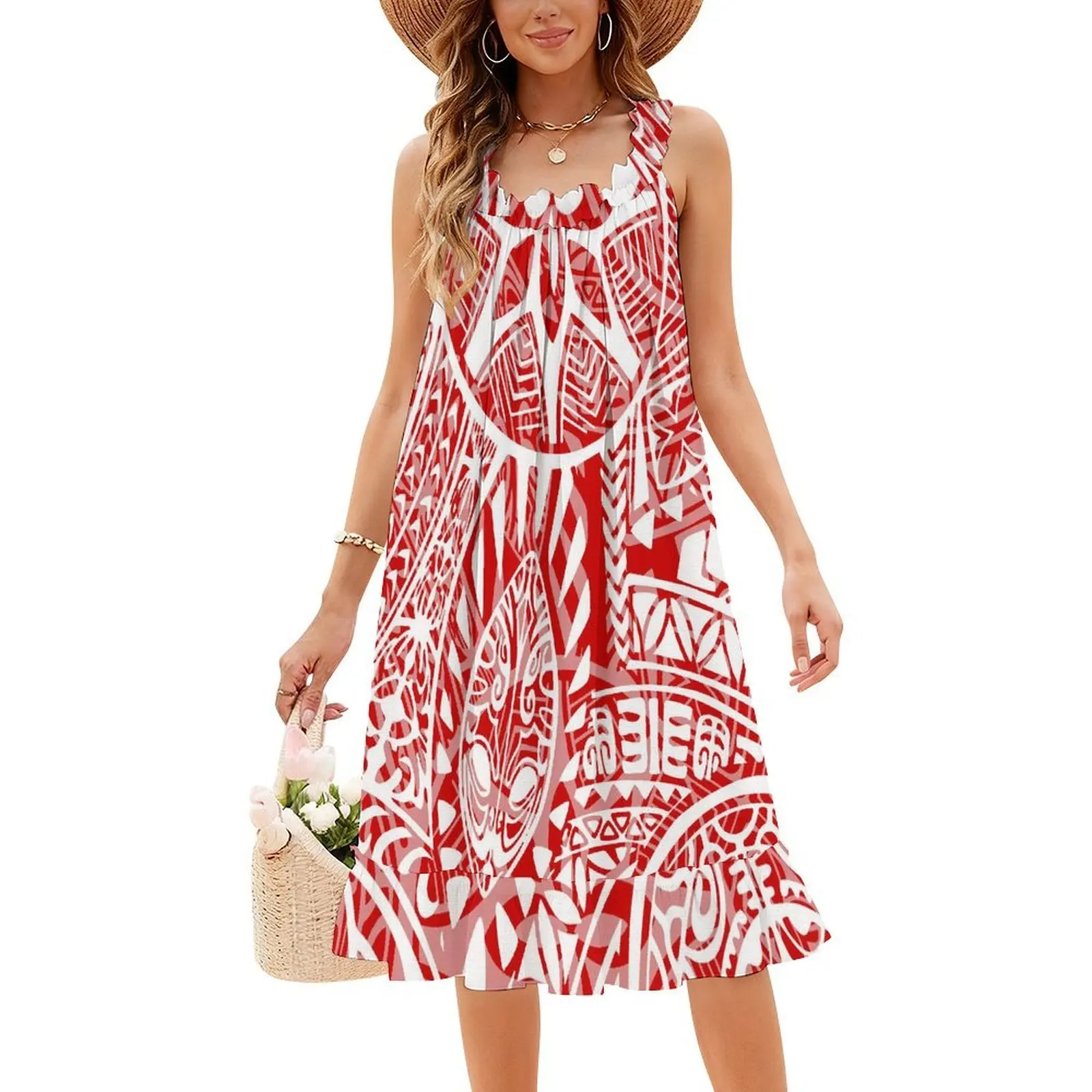 Polynesian Custom-Made Summer Round-Neck Short-Sleeved Tribal Design Loose Lace Collar Sleeveless Halter Dress For Women