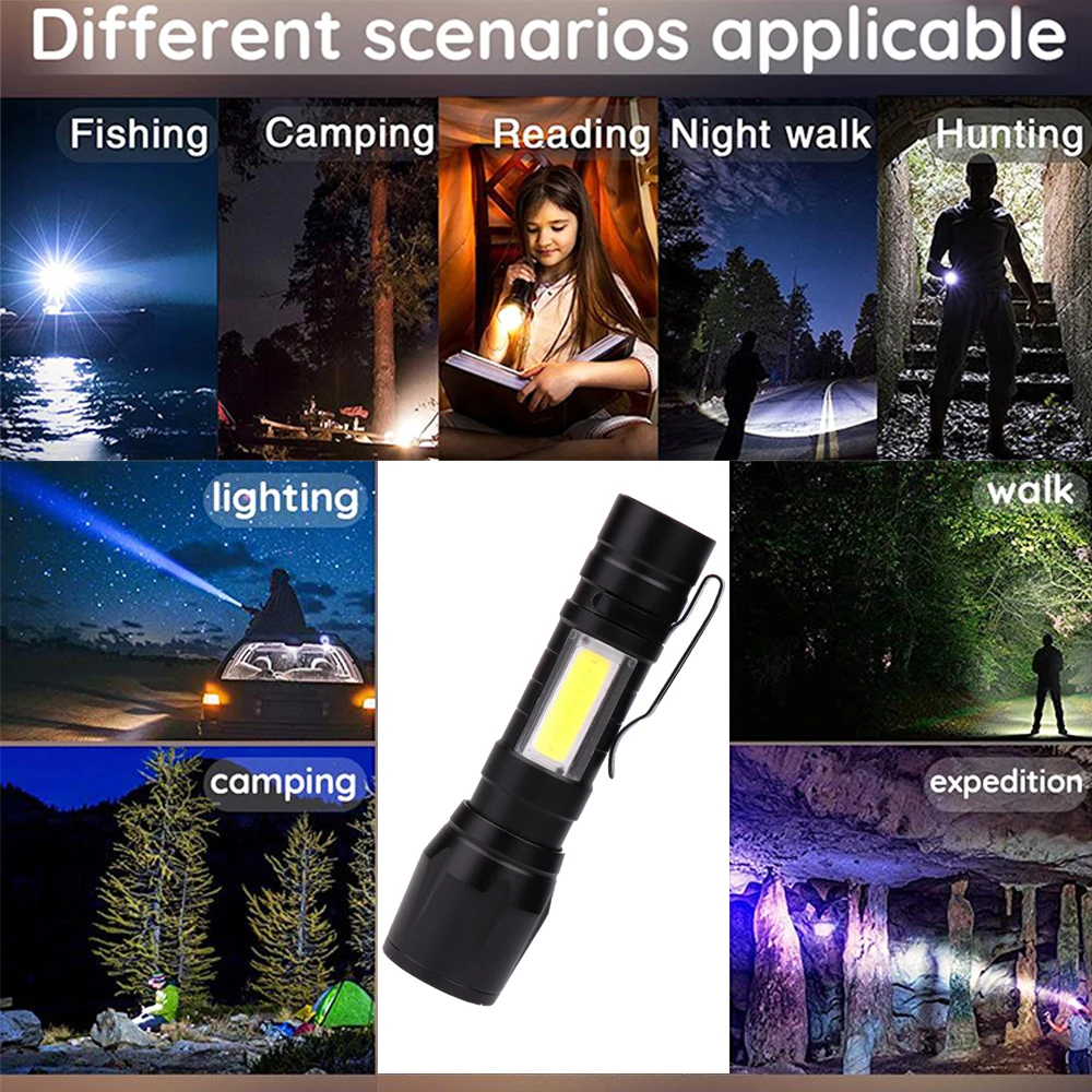 Mini Led Flashlight Built In Battery Zoom Focus Torch Lamp Lantern Adjustable Penlight Waterproof Cob Led Light