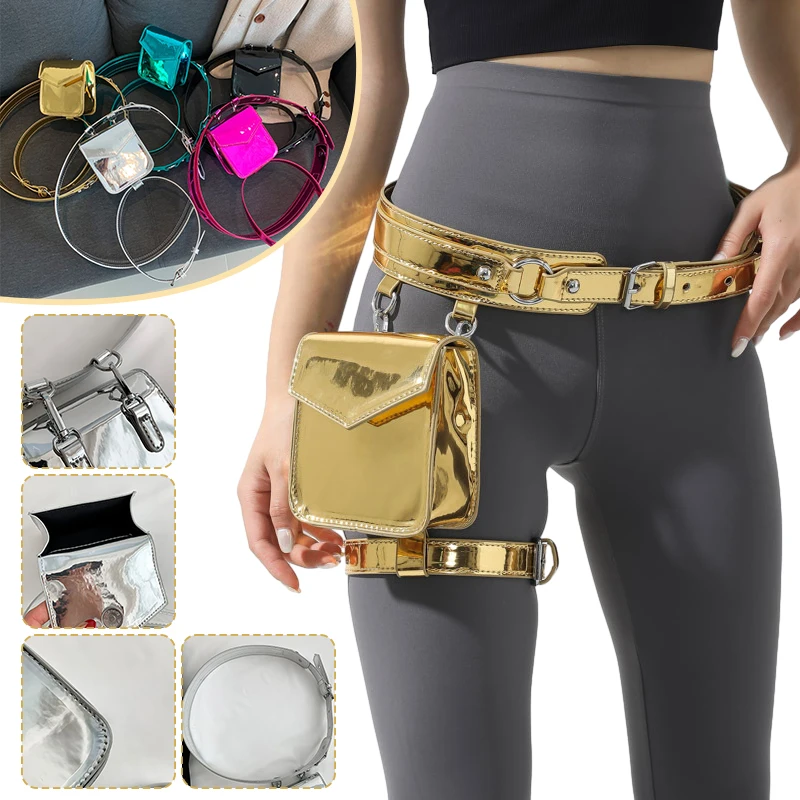 2024 Gothic Women Leg Bag Fashion Mini Bright PU Leather Waistpack Hip Hop Outdoor Belt Bag Wallet Motorcycle Waistbag