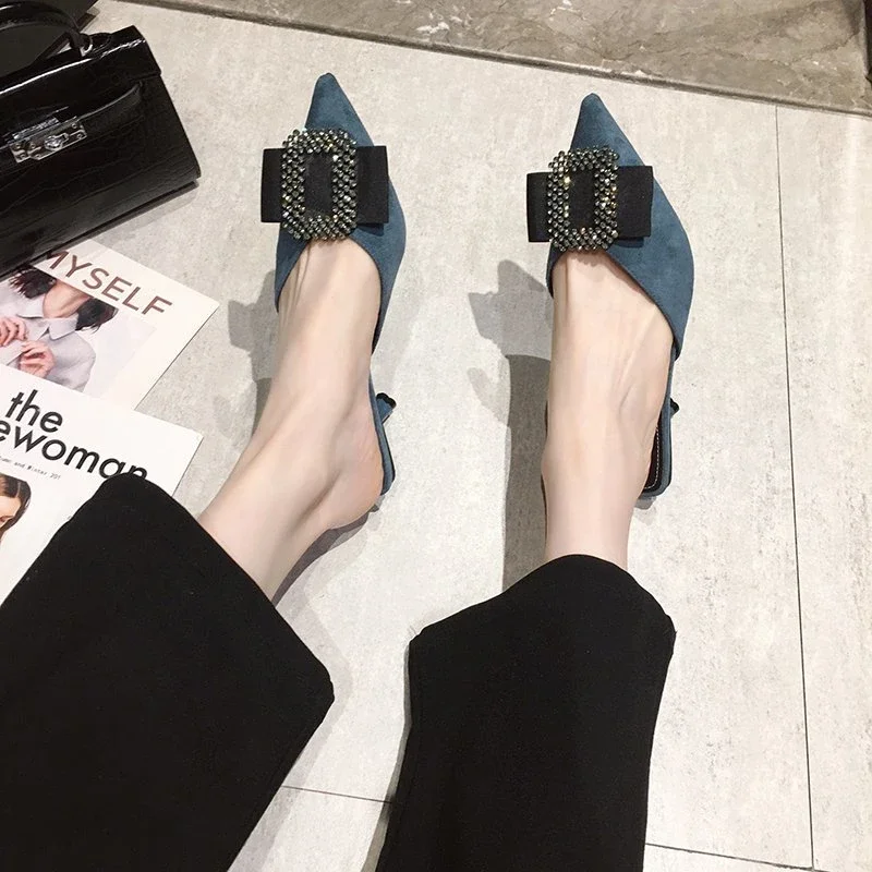 2024 Female Shoes Cover Toe Butterfly-Knot Mules For Women Slippers Casual Square heel Loafers Slides Med Luxury Pointed