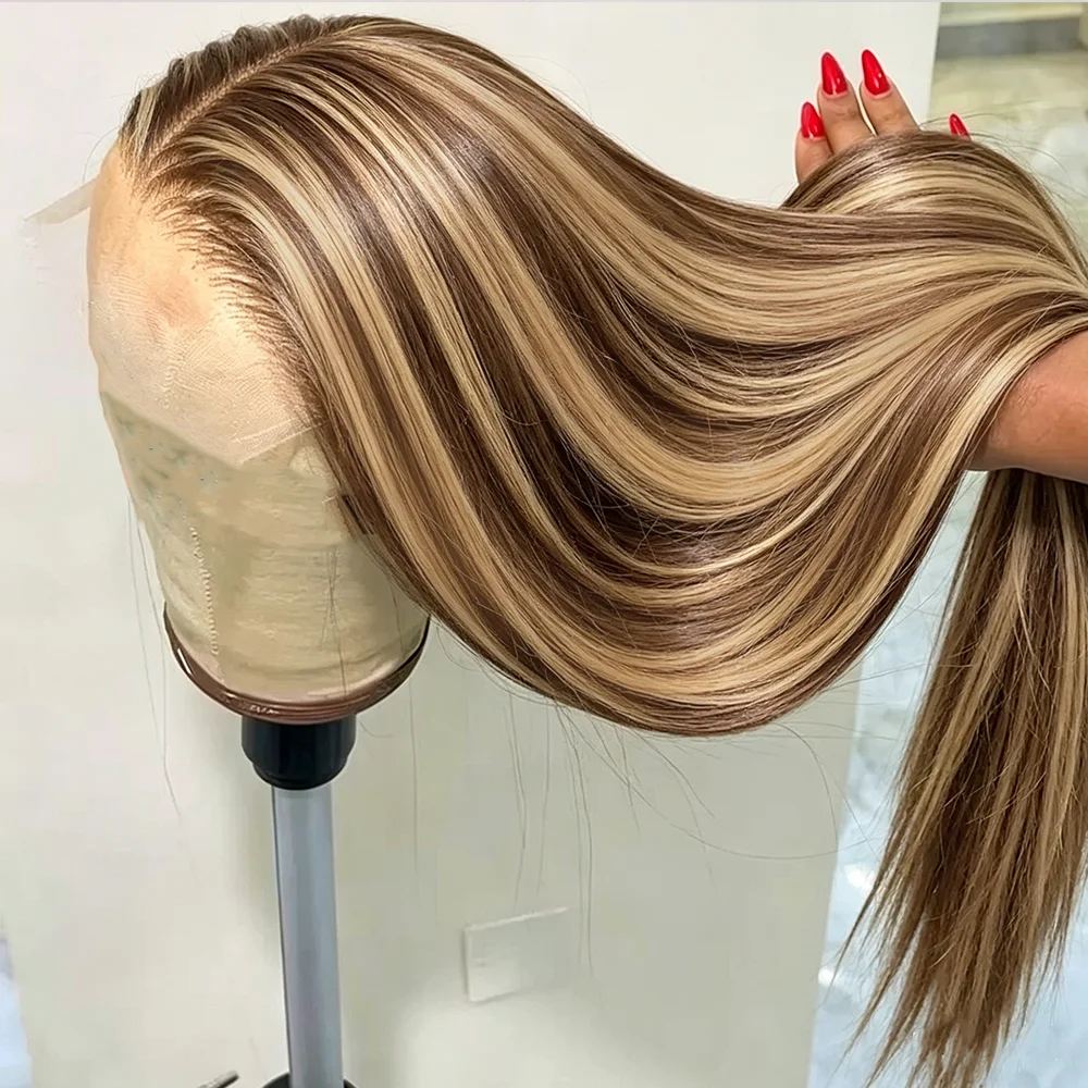 30 Zoll 4/27 Honigblonde Ombre Lace-Front-Perücke aus Echthaar, 250% Dichte, 13x4 Highlight Lace-Front-Perücken für Frauen mit Babyhaar