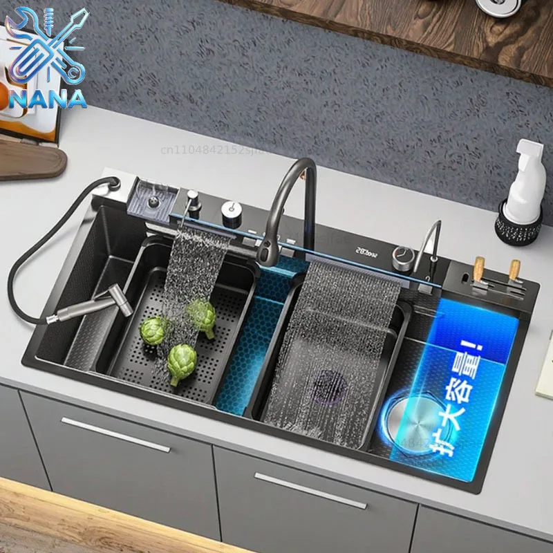 Stainless Steel Kitchen Sink with Faucet Digital Display Large Single Bowl Waterfall Rain 5 Functions System Dish Basin Sink
