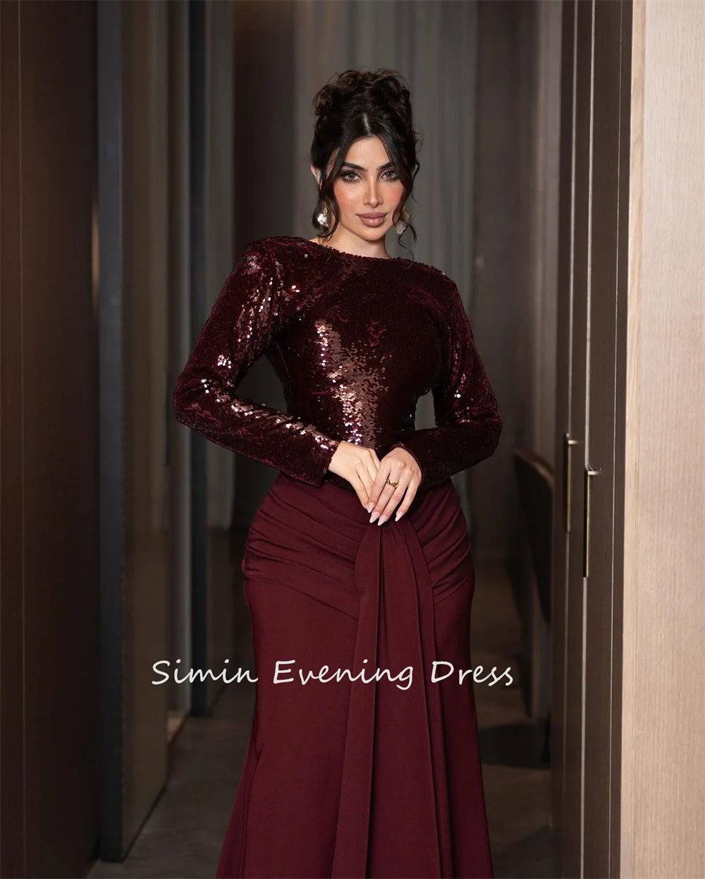 Simin فستانس Customized O-Neck Luxury Sexy Ruched Sequins Straight Classy Saudi Prom Gown Evening Party dresses for women 2024