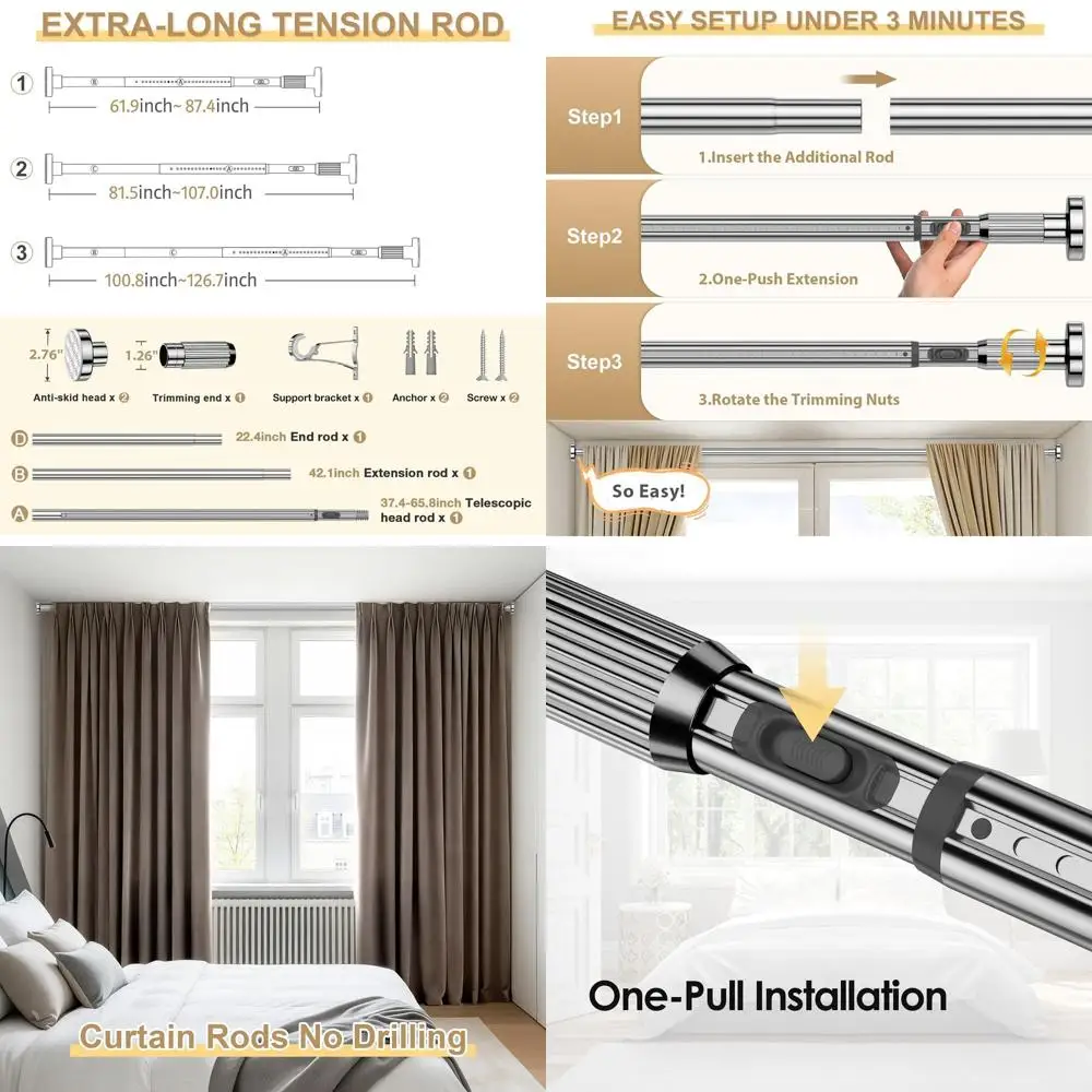 

Adjustable 41-126 Inch Long Outdoor Curtain Rod, No Drill Needed, Spring-Tension Design for Windows and Bathrooms