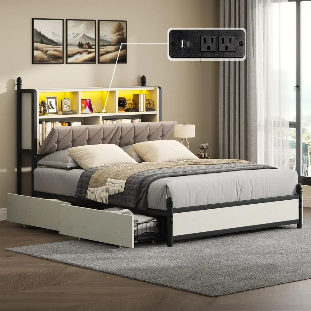 

Queen/Full Bed Frame with 2-Tier Storage Headboard, Metal LED Platform Bed with 4 Storage Drawers, Tufted Linen , Rustic Grey