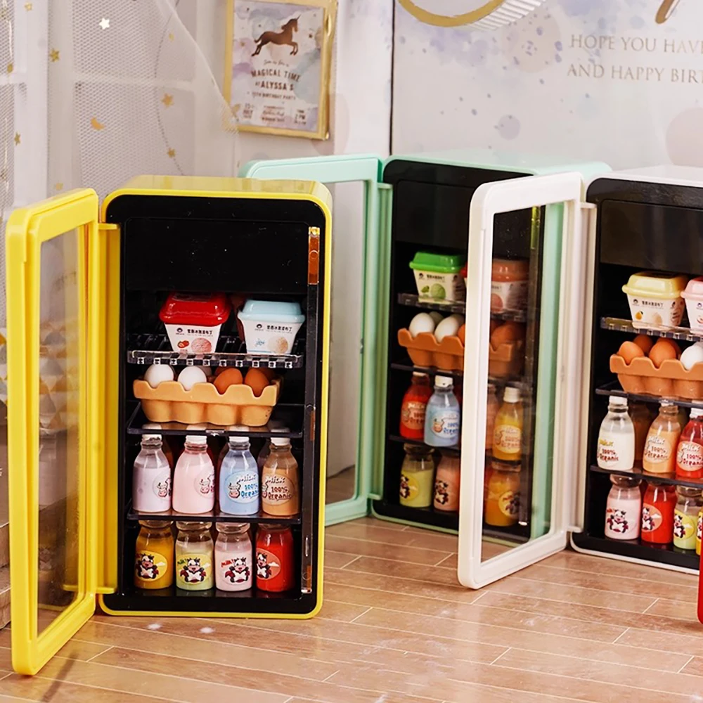 ثلاجة سوبر ماركت لبيت الدمى محاكاة 4 ألوان ثلاجة صغيرة مع ضوء 1:12 نموذج أثاث لعبة مطبخ مصغرة