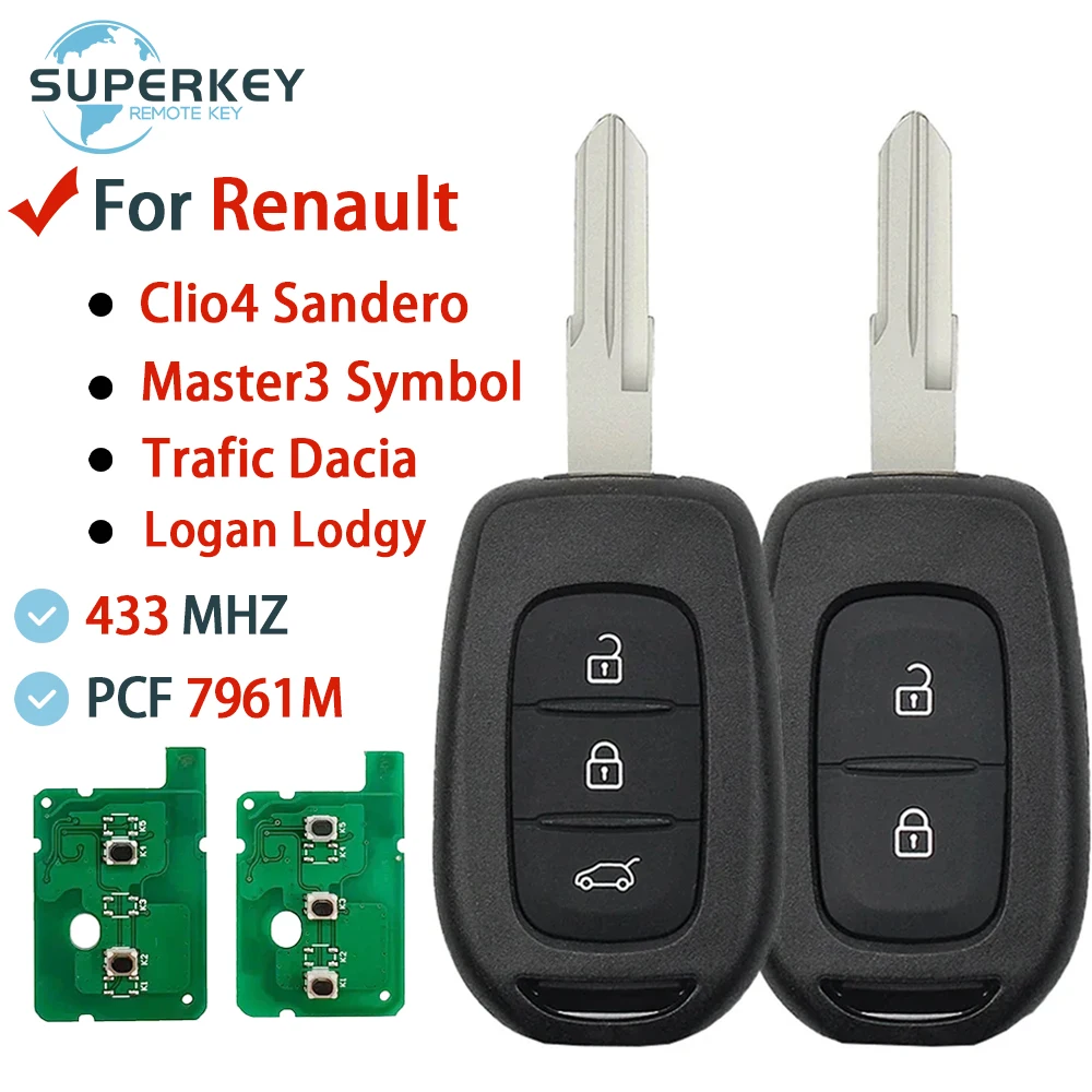 For Renault Clio4 Sandero Master3 Symbol Trafic Dacia Logan Lodgy Dokker Duster Remote Key 2/3 Buttons 433MHZ 4A Chip PCF7961M