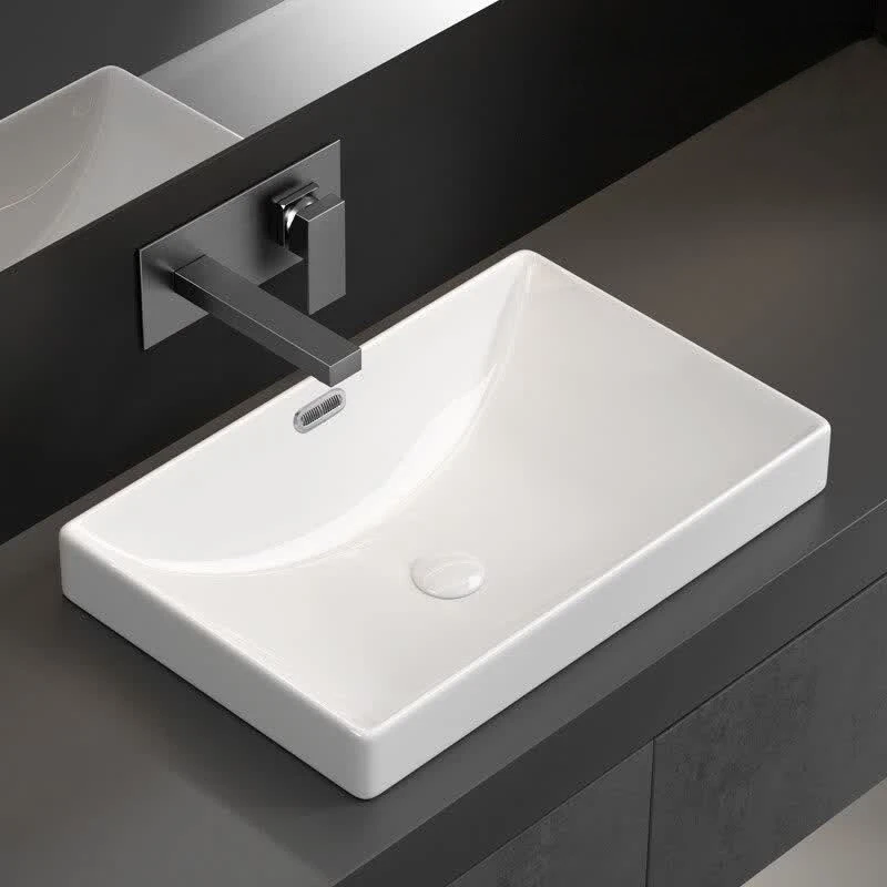 Countertop Sink Semi Recessed Embedded Basin Rectangular Ceramic Hand Wash Vanity Lavatory Basin Household Bathroom Washroom Sin