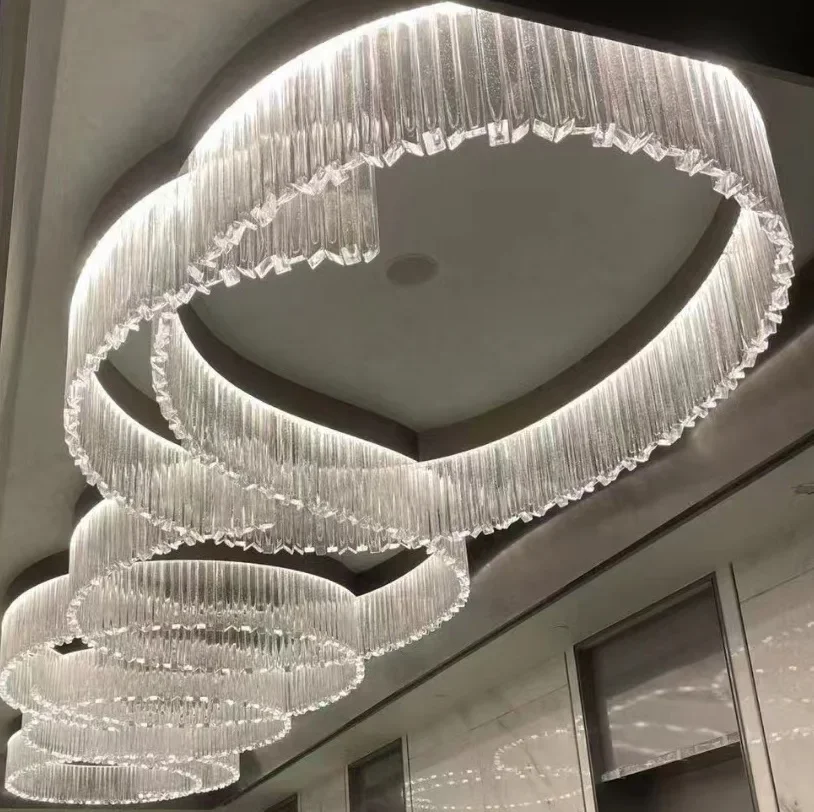 Large Luxury Brass Glass Rod Ceiling  s Adjustable Square and Long Shaped for Hotel Lobby Villa Living Room