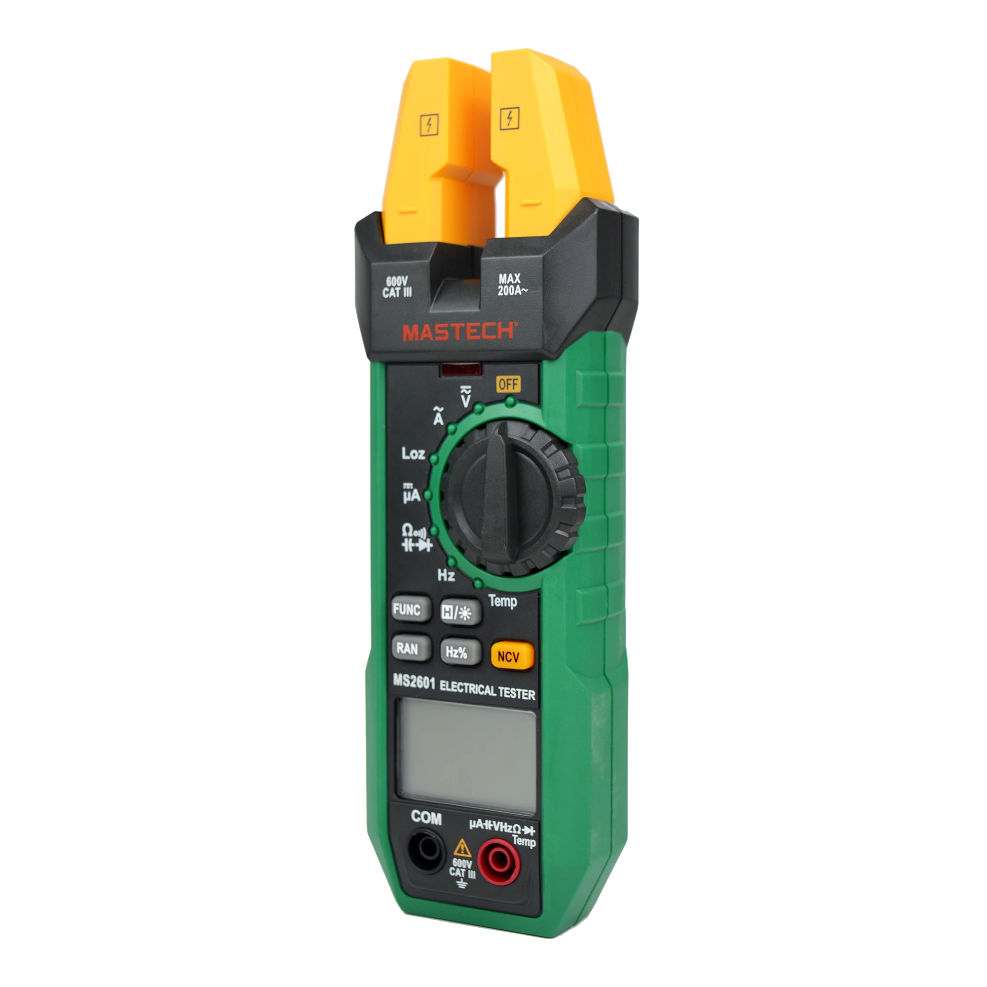 Imagem -03 - Mastech-digital Medidor de Garfo ac dc Tensão Corrente Resistência Diodos Continuidade Freqüência Duty Temperatura Ciclo Ms2601 200a 12 mm