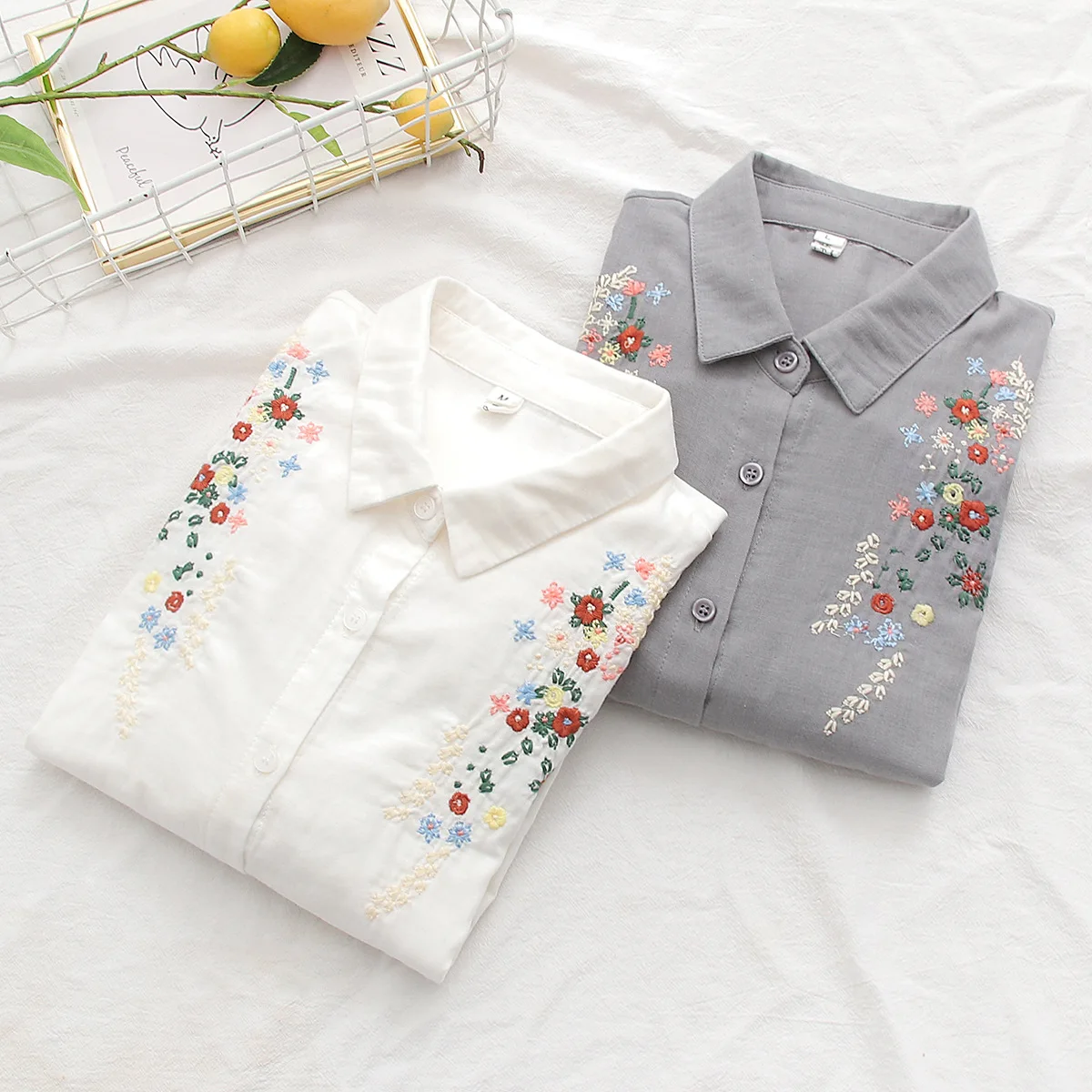 Floral Embroidery Women\'s Long sleeve Shirt 2024 Autumn New Casual Cotton Yarn Female White Grey Blouses and Tops Lady Clothing