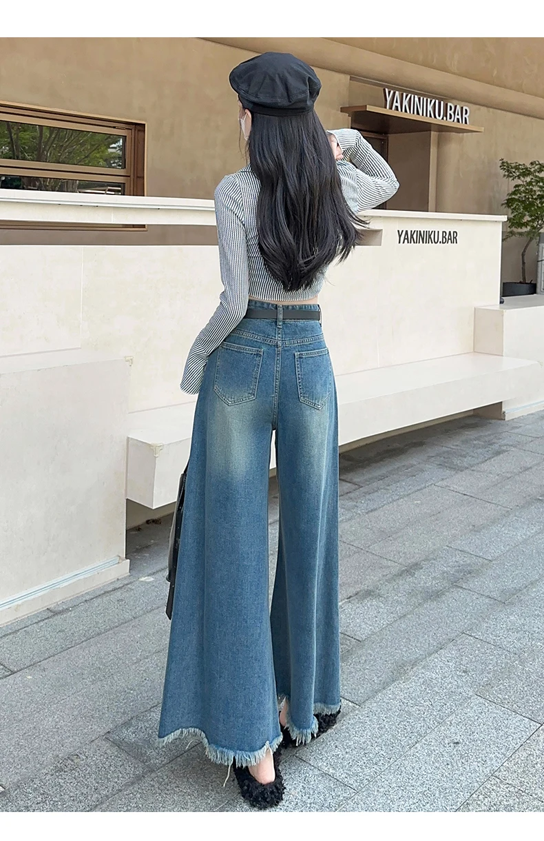 CHIC Women\'s American Vintage Washed Wide Leg Jeans Street Casual Blue Denim Trousers Female High Waist Straight Pants