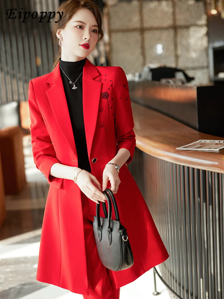 Women Autumn Winter Work Business Wear Pant Suit Red Black Blazer Set Female Office Ladies Long Jacket and Trouser 2 Pieces